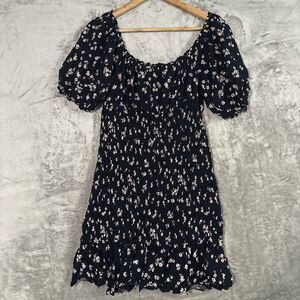 As U Wish Navy Floral Puff Sleeve Smocked Ruffle Mini Dress Rayon Size S